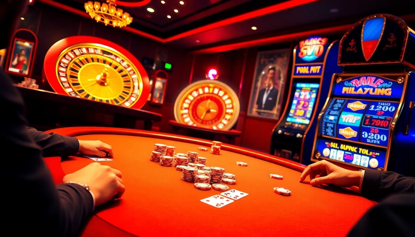 Exciting casino scene at https://789winlem.com/ featuring players at a poker table with vibrant chips and cards.