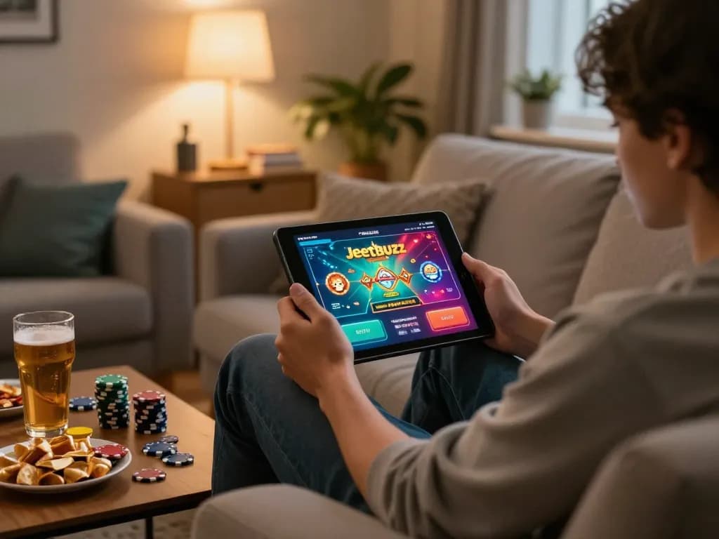 Engaged player using the Jeetbuzz Download App on a tablet in a cozy home setting, with poker chips and snacks on the table.