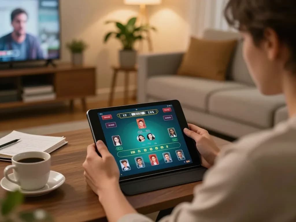 Person gaming online at https://rr88co.net/using tablet for live dealer action in a cozy atmosphere.
