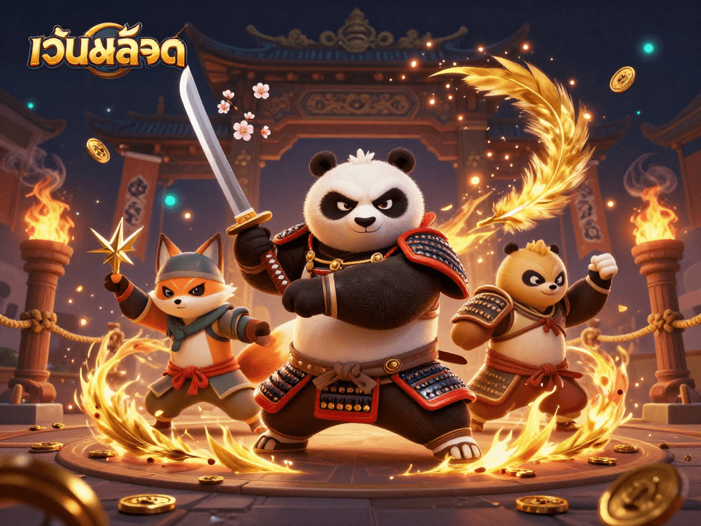 Engage in เว็บสล็อต action with a samurai panda and ninja fox amidst dynamic casino elements.
