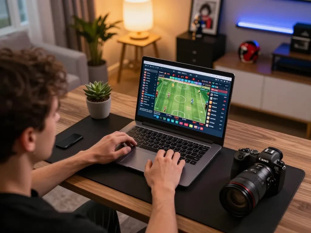Person engaging in sports betting on dr88 platform with modern gaming setup at home.