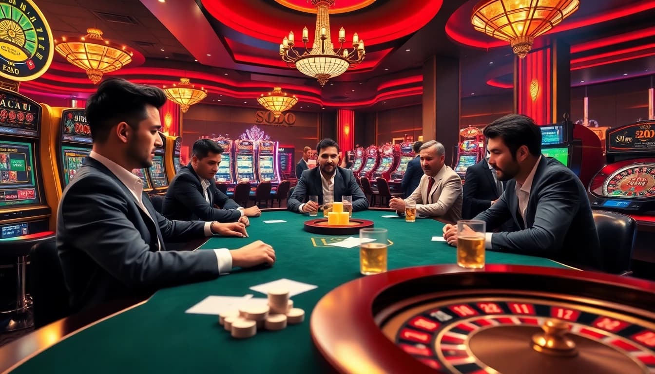 SODO casino table with players enjoying high-stakes poker and sparkling slot machines in vibrant setting.