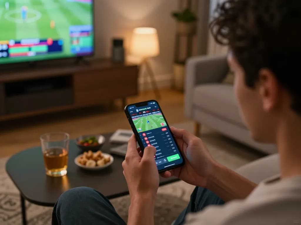 Engaged player using mm88 for live sports betting on smartphone in a cozy home setting