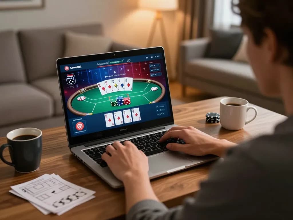 Engaged player using a laptop to explore non gamstop casinos in a cozy home setting with gaming strategy notes.