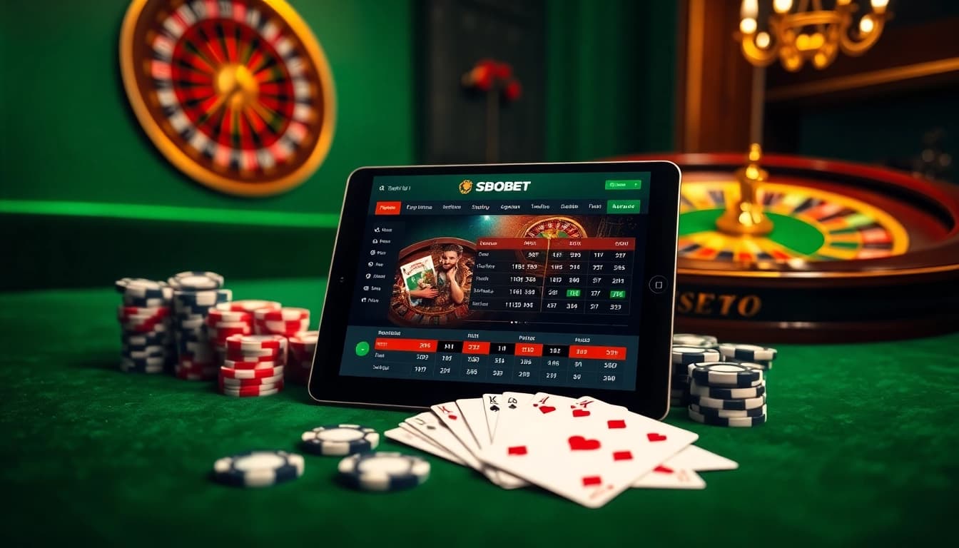Sbobet link login showcased on a tablet amidst casino elements like poker chips and cards.