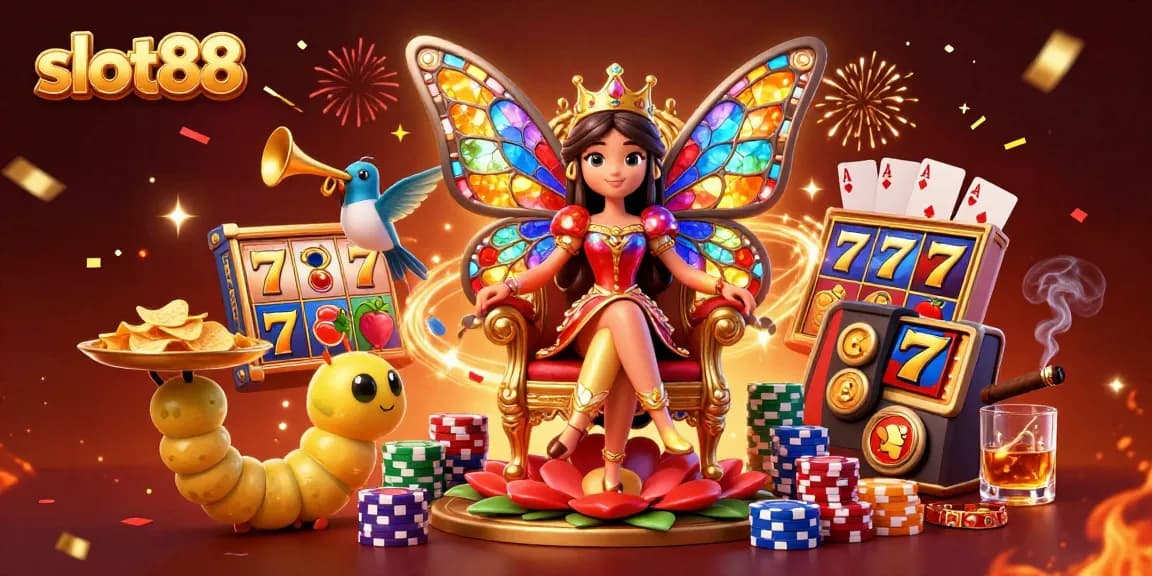 Spin to win with slot88 in a vibrant casino scene featuring a butterfly queen and colorful reels.