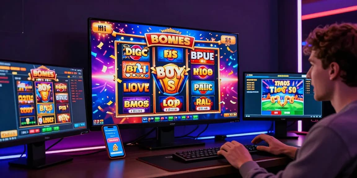 Player engaging with exciting bonus buy slots UK game on dual monitors during a thrilling gaming session.