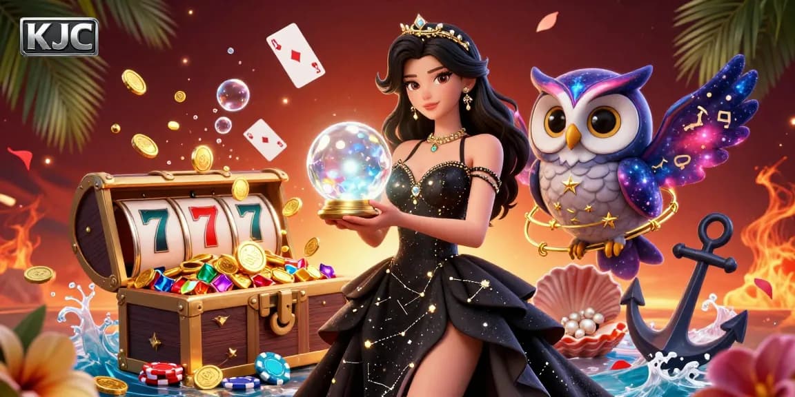 KJC showcases a vibrant 3D casino scene, featuring a woman in a black gown with a glowing orb amidst slot reels and treasures.