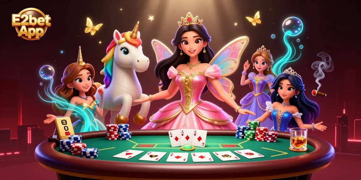 Experience the E2bet App with immersive poker visuals featuring dynamic characters and gameplay.