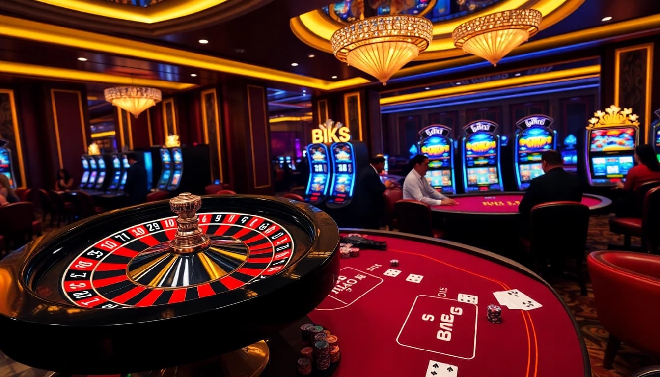 Experience the excitement of bk8th with vibrant casino tables and slot machines in a luxurious setting.
