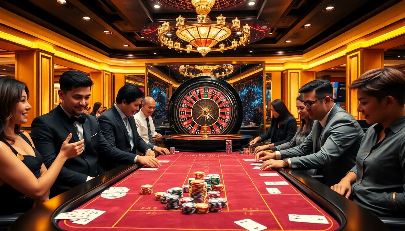 Gamblers enjoy a thrilling poker game at 13win casino, surrounded by colorful chips and a roulette wheel.