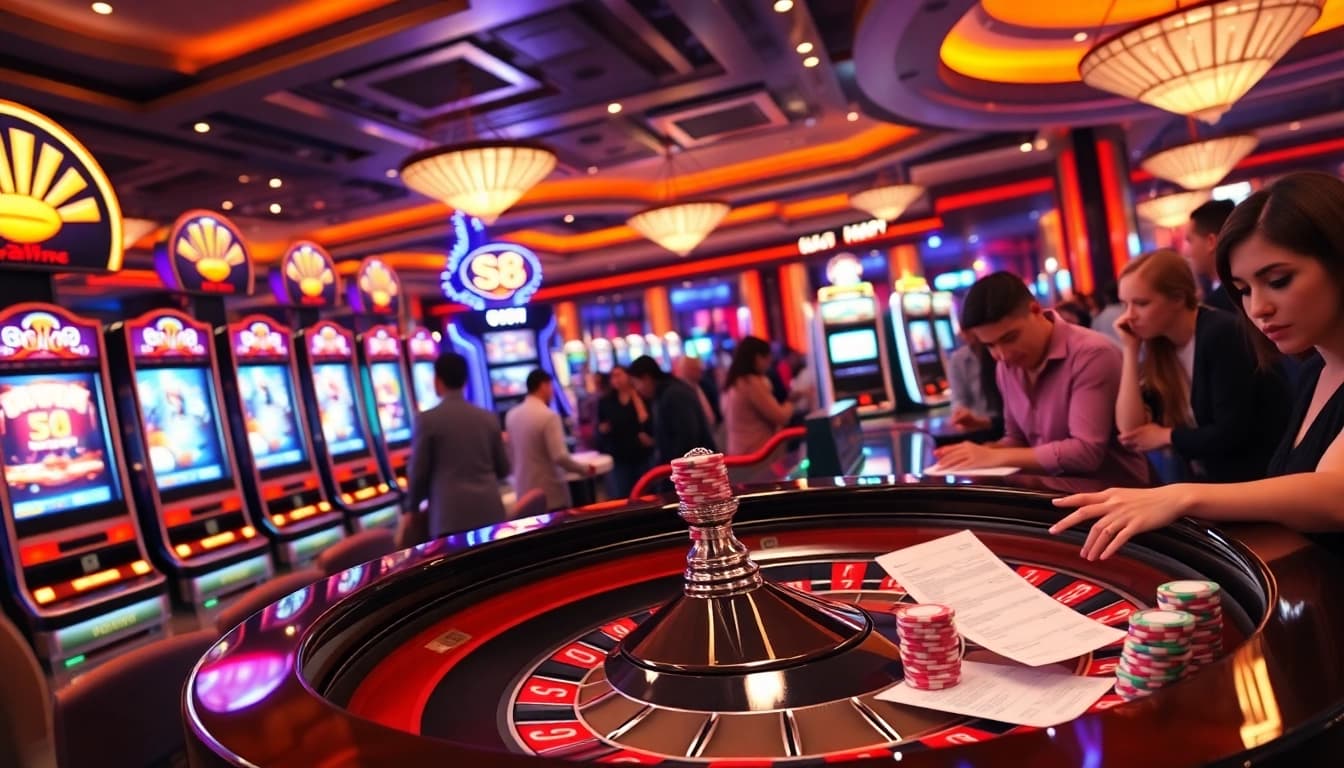 S8 gaming action at a luxurious casino with vibrant slot machines and a roulette table.