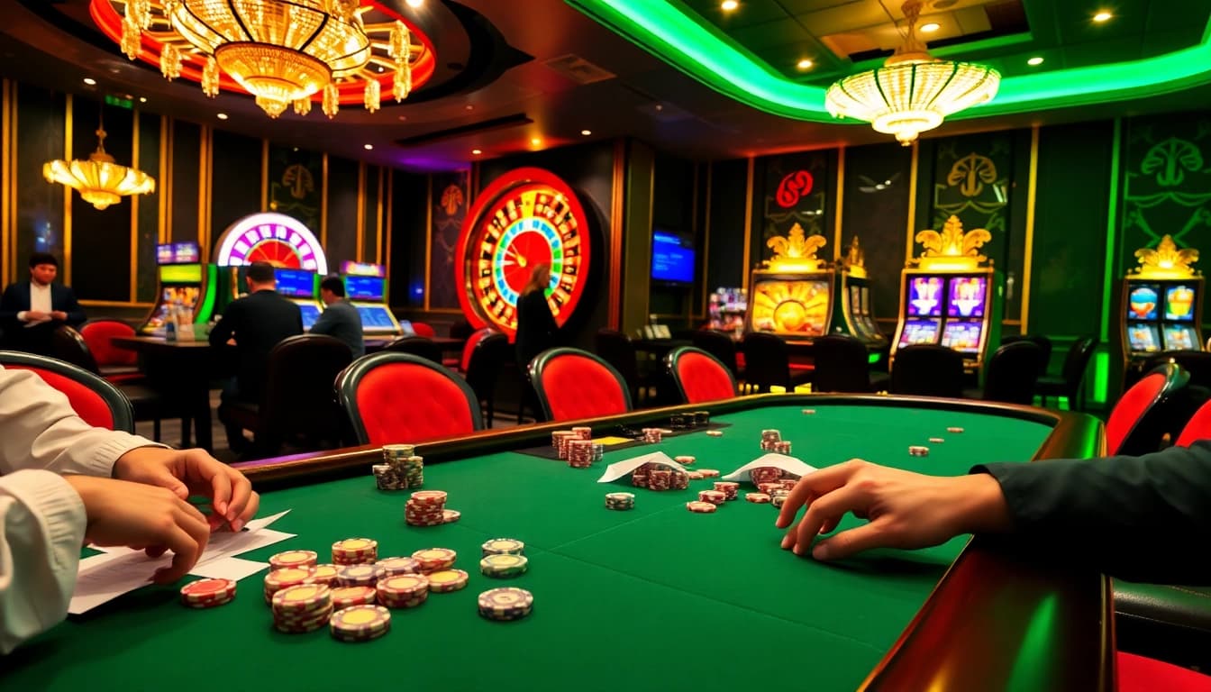 Experience the excitement of qh88 with luxurious poker tables and vibrant casino visuals.