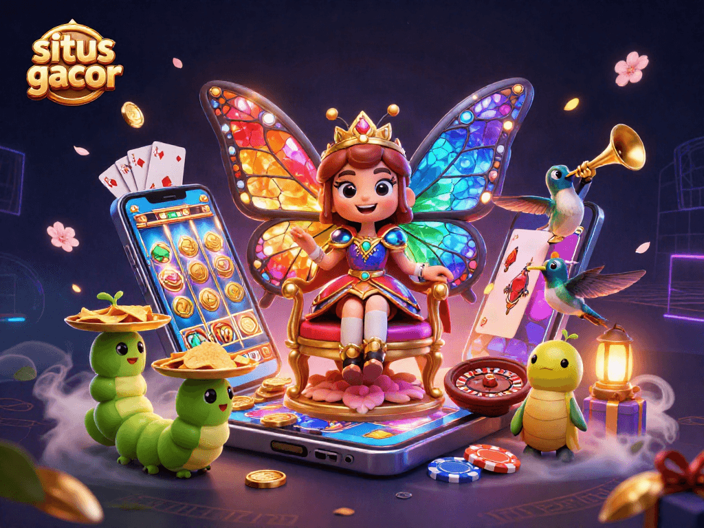 Spin slot games at situs gacor with vibrant butterflies and rich casino elements!