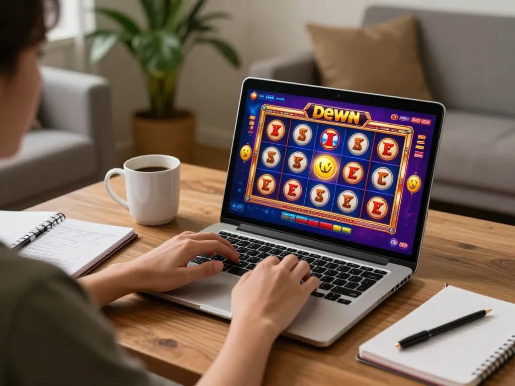 Engaging online player spinning dewa slot game reels in a cozy home environment