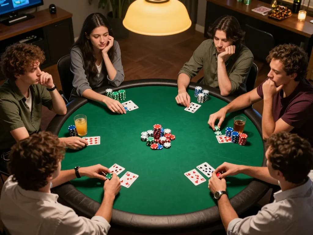 uu88 poker players strategizing bets around a vibrant green table during a lively home game night.
