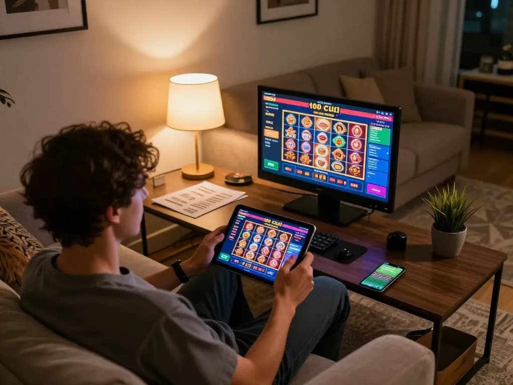Player enjoying a thrilling gaming session on the 100 cuci online casino app from a cozy home setting