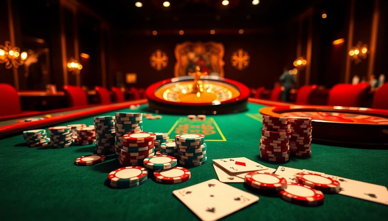 Permainan parlay bola di meja kasino, dengan kartu dan chip yang menarik perhatian.