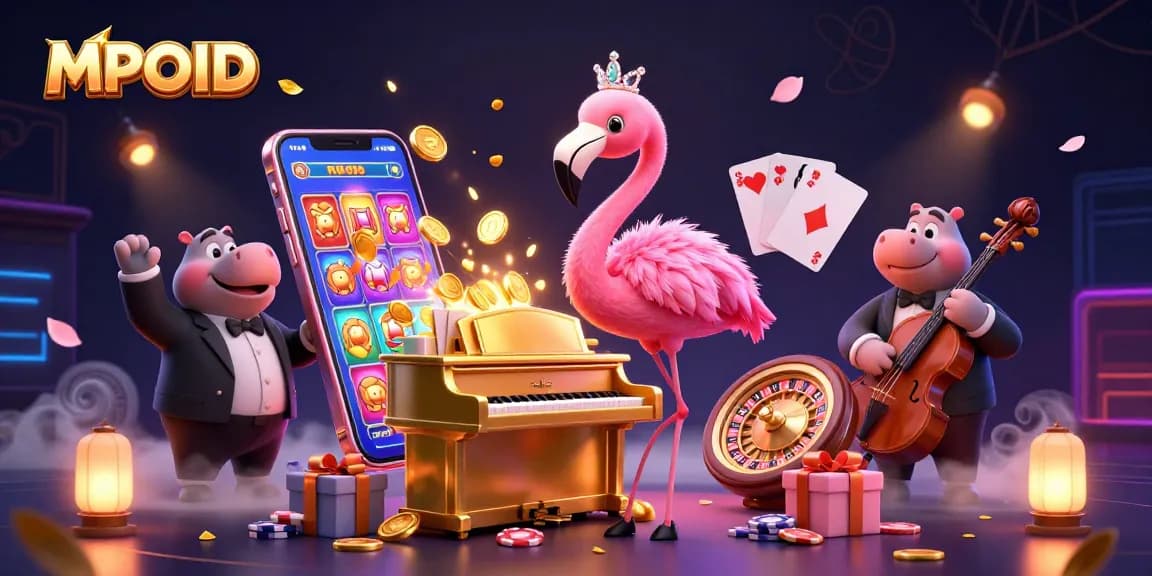 Experience MPOID's sensational gaming with vibrant slots amidst a lively 3D casino scene.