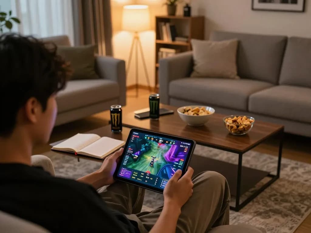 Engaging in esports betting singapore on a tablet in a stylish living room, surrounded by strategy notes and snacks.