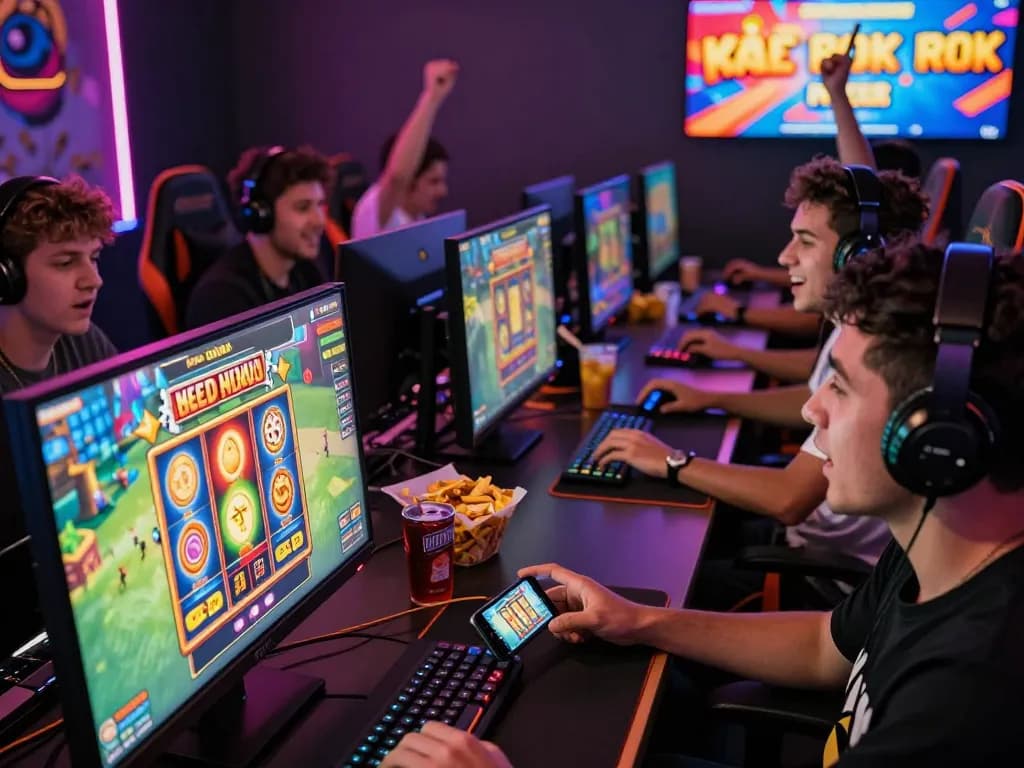 Players enjoying vibrant HITCLUB gaming experience with diverse games on their devices, showcasing excitement in a community setting.