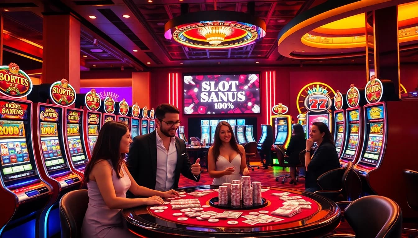 Exciting modern casino scene showcasing players enjoying slot bonus new member 100% feature with vibrant machines.