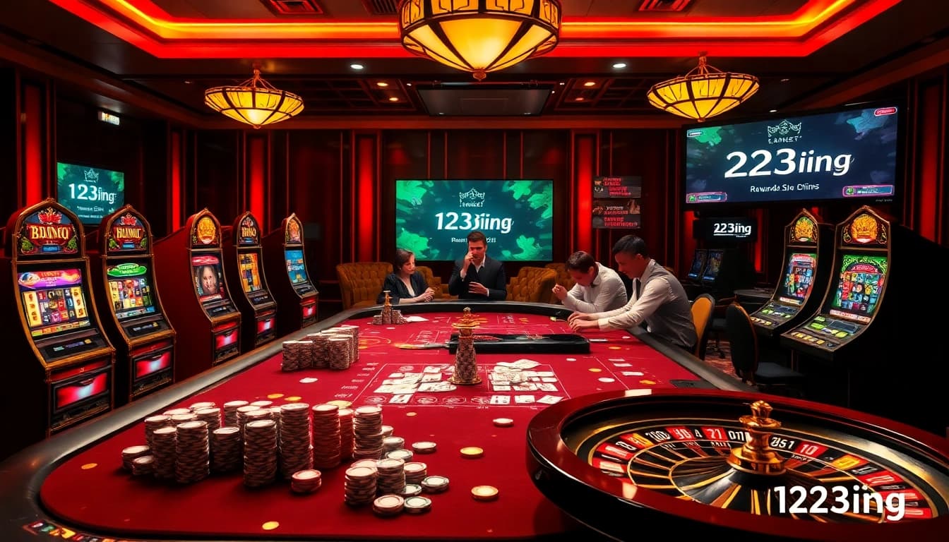 Experience the thrill of 123b.ing at an exciting casino table with vibrant slot machines and poker action.