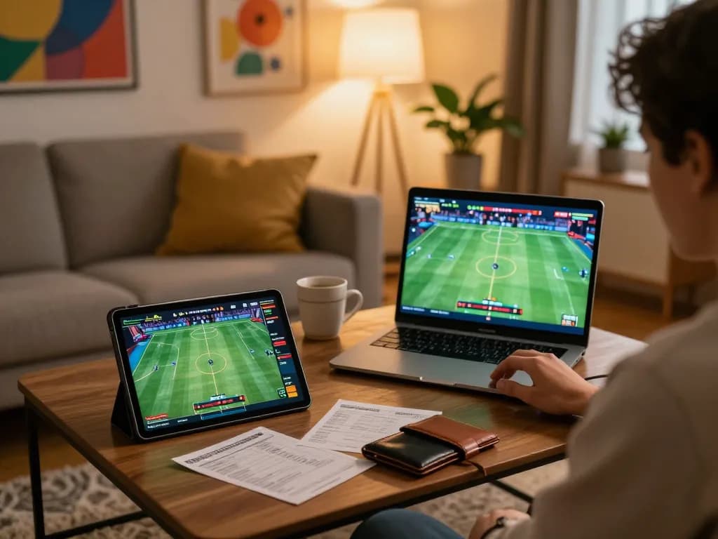 Pengguna SBOBET terlibat dalam taruhan olahraga online dari pengaturan rumah, menampilkan antarmuka tablet dan laptop.