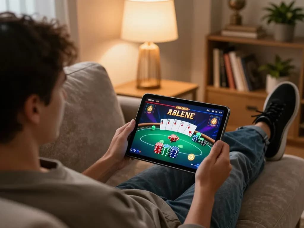 Engaged player immersing in poker action at one88br online casino on tablet.