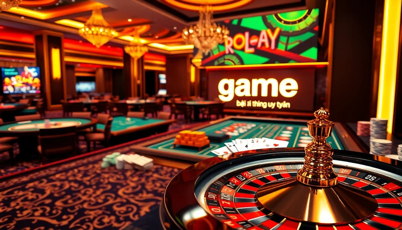 Experience the excitement in a luxury casino scene featuring game bài đổi thưởng uy tín with vibrant tables and roulette.