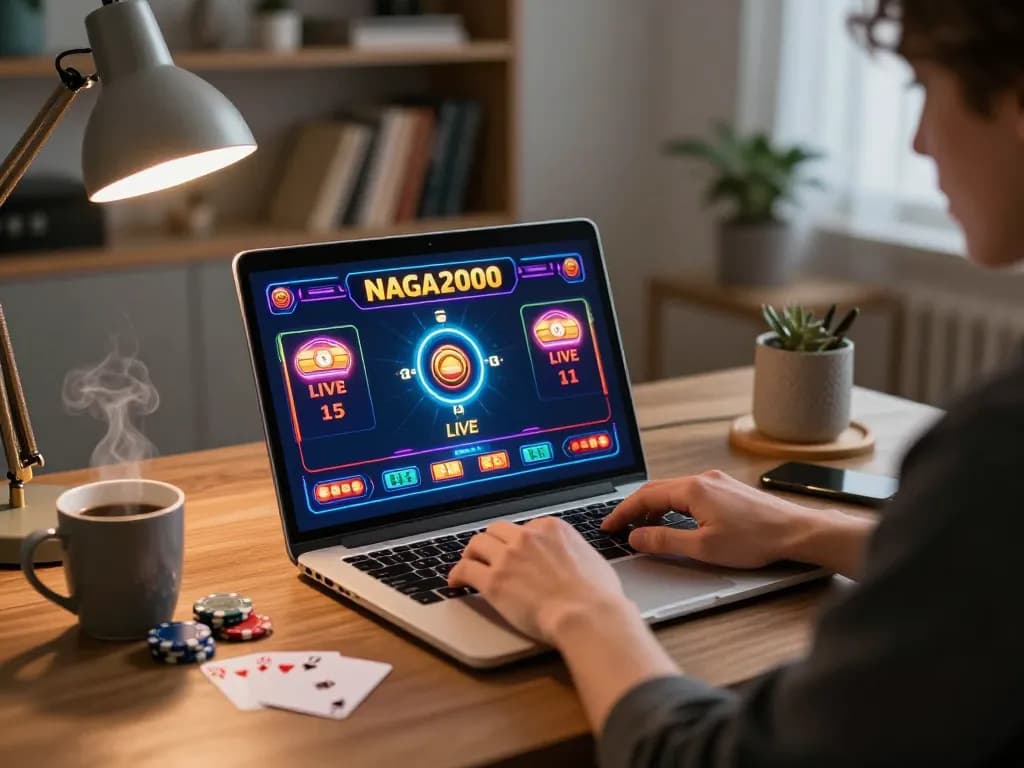 NAGA2000 player strategizing with laptop in a cozy home setting, engaging in live slot games.