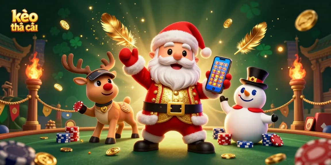 Experience kèo nhà cái with a vibrant 3D illustration featuring Santa and friends in a bustling casino setting.