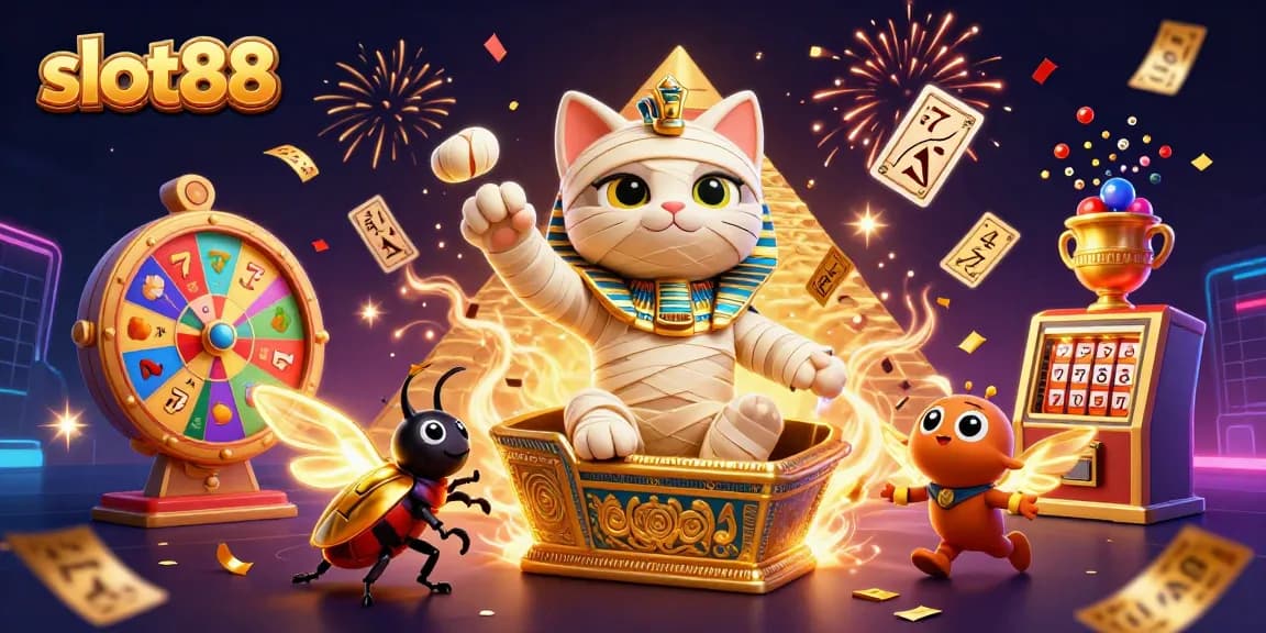 Slot88 menampilkan kucing mumia 3D yang keluar dari sarkofagus emas di kasino piramida yang disertai bola lotre berwarna-warni.