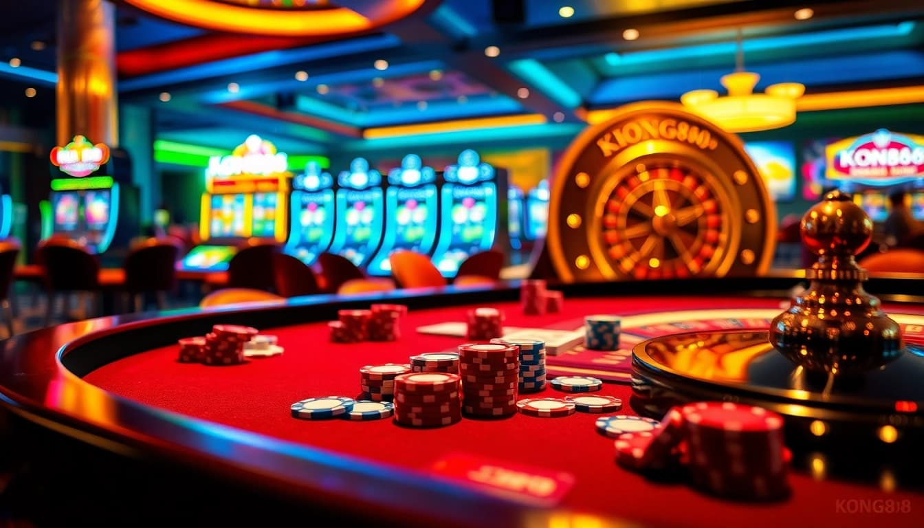 KONG88 gaming session with vibrant poker chips and a roulette wheel in a luxurious casino.