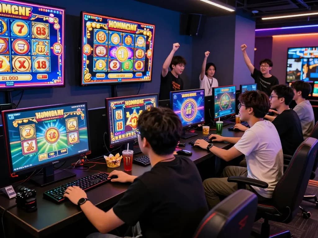 Pengalaman ruang permainan yang mengasyikkan menampilkan link gacor dengan teman-teman menikmati permainan slot