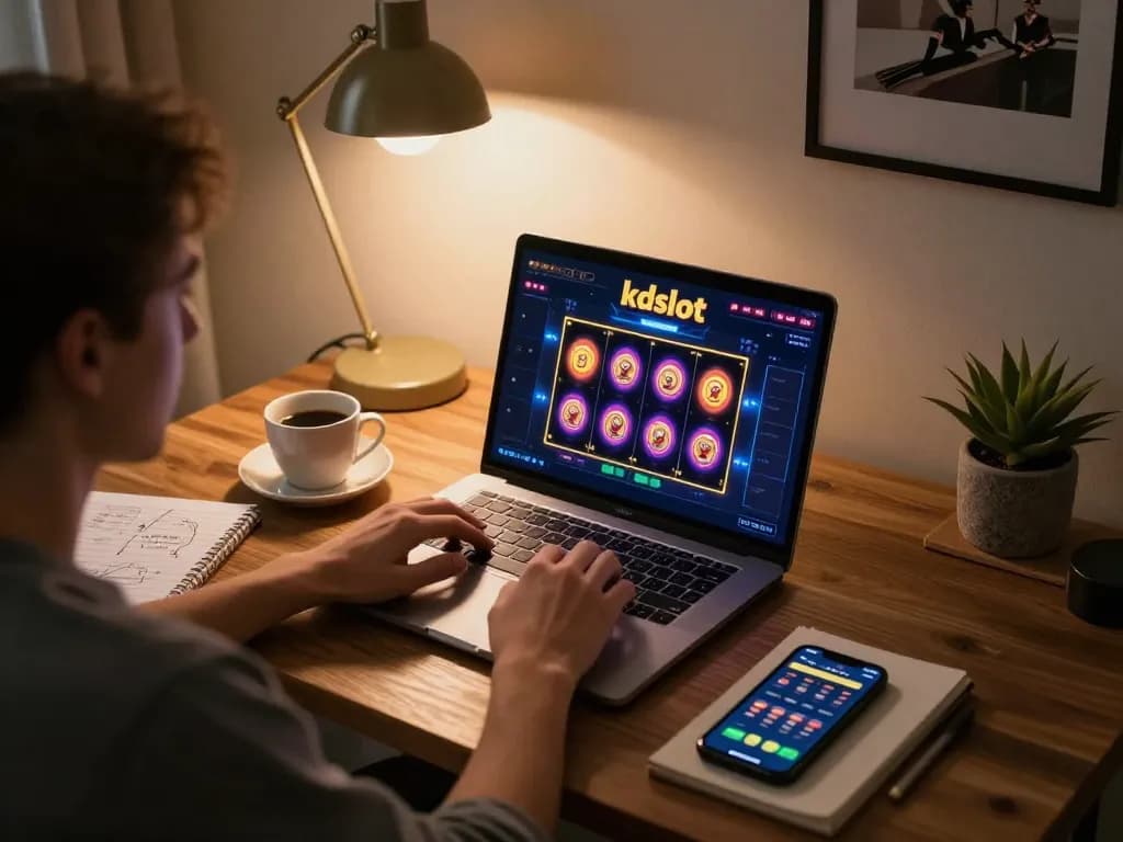 Engaging with the kdslot gaming interface in a stylish home office, highlighting online gambling atmosphere.