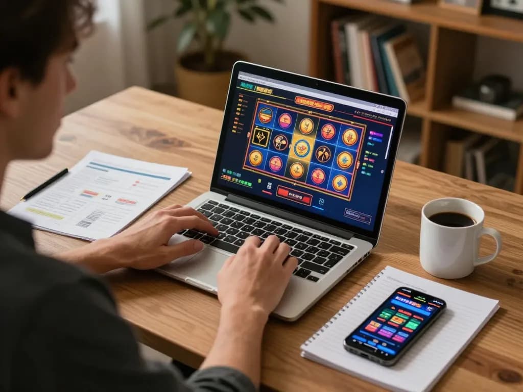 Player engaging with bonus new member slot games on a laptop in a cozy home setting