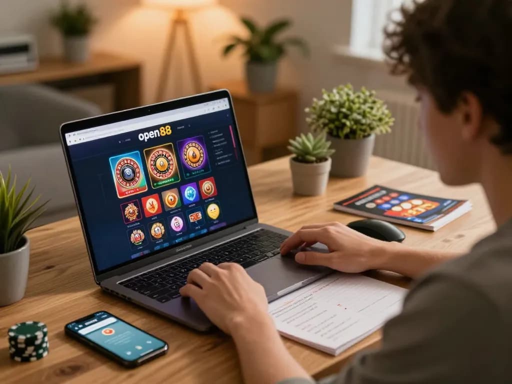 Player immersed in open88 online casino gaming, showcasing strategies and app use in a cozy home setting.