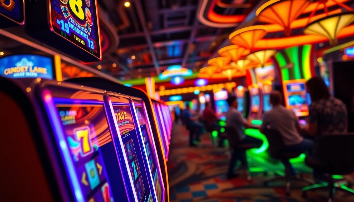 Experience the thrilling y3娛樂 atmosphere with players engaging at vibrant casino slot machines.