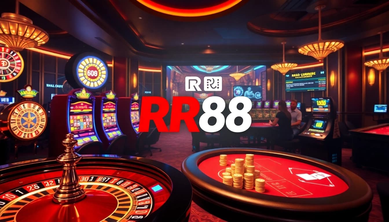 Experience thrilling casino action at RR88 with vibrant slot machines, poker tables, and roulette.