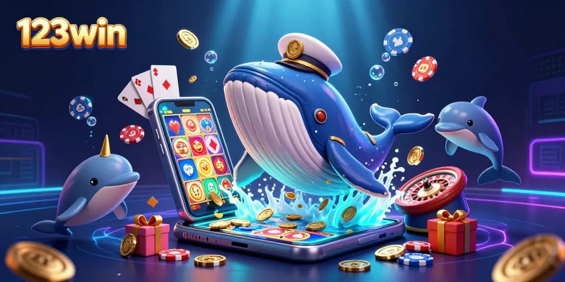 Engage with 123win's vibrant casino experience featuring a cartoon whale and playful dolphins.