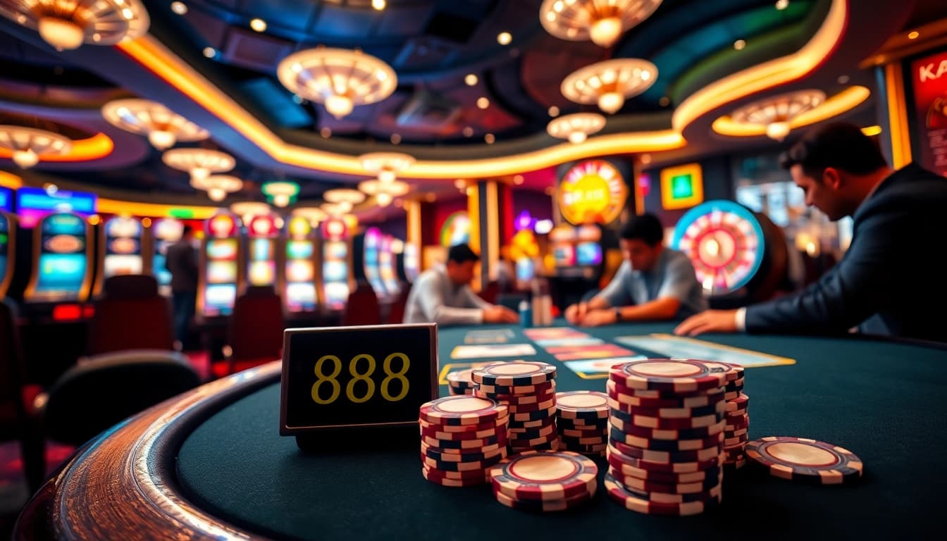 Experience the thrill of RR88 at an elegant poker table surrounded by glamorous casino elements.