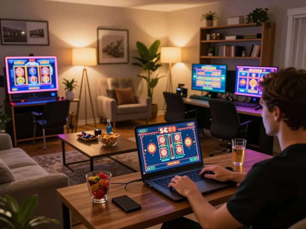 SC88 online gambler engaging in gameplay with vibrant interface on laptop in a cozy setting