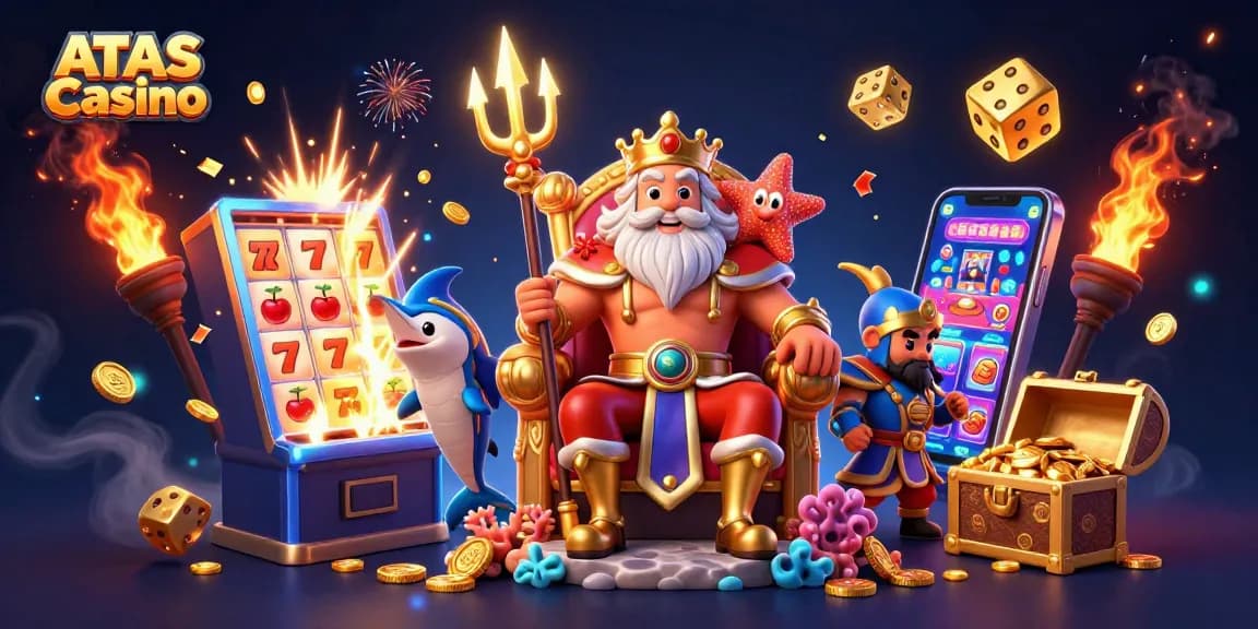 Engage with ATAS Casino through an ultra-detailed 3D illustration showcasing Neptune and gaming elements.