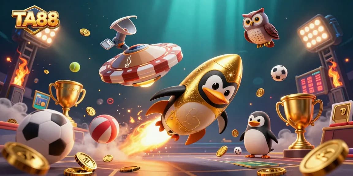 Experience excitement with the TA88 golden penguin soaring to a casino space station.