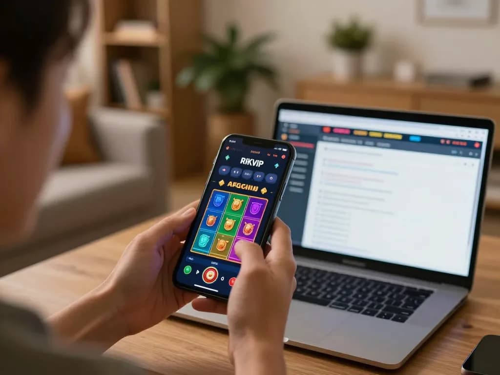 Engaged player using RIKVIP app on smartphone for online casino games, highlighting mobile gambling experience
