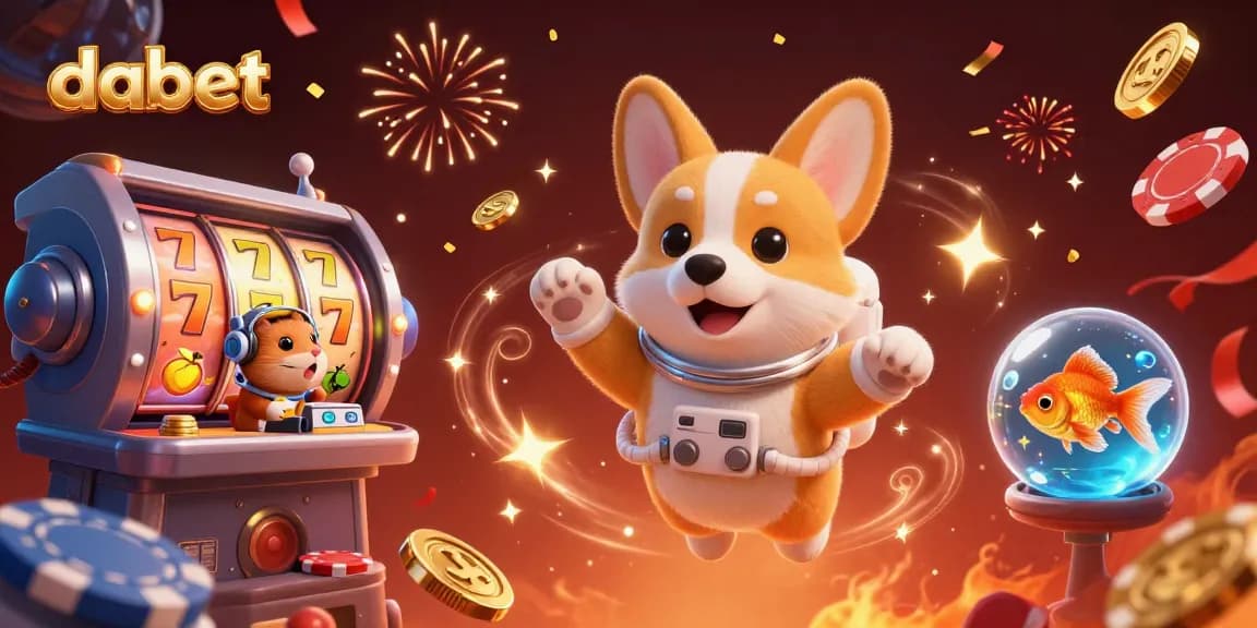 Experience the thrill of dabet with exciting slot reels and festive characters in a vibrant casino scene.