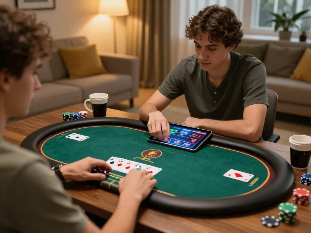 Cảnh chơi game trực tuyến LUCK8 với người chơi tham gia vào một trận poker sử dụng máy tính bảng