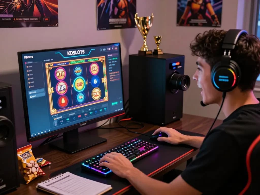 Player enjoying KDSLOT online slots with vibrant games on desktop setup, energetic gaming atmosphere.