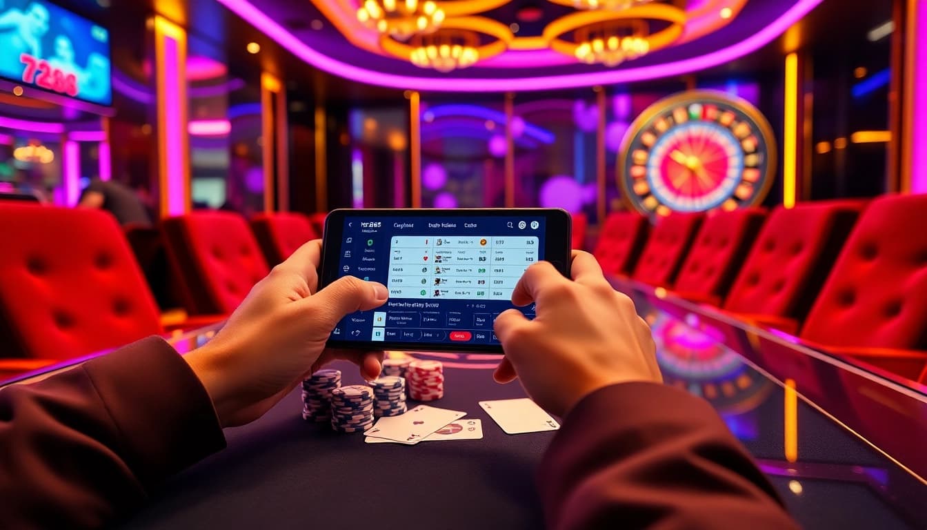 Engaging with hz88 app on a mobile device featuring dynamic betting odds and poker chips